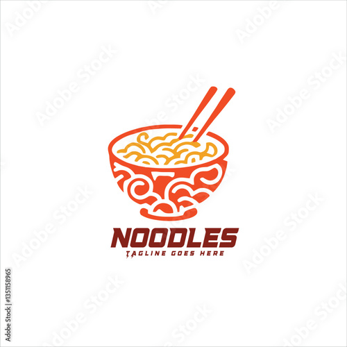 Vector logo noodles, noodle icon, Esport vector logo noodle bowl with decorative pattern and chopsticks on white background, Asian cuisine design
