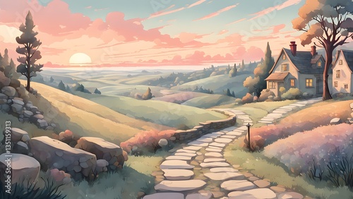 A picturesque stone pathway leads a charming cottage nestled rolling hills, bathed warm glow a sunset.