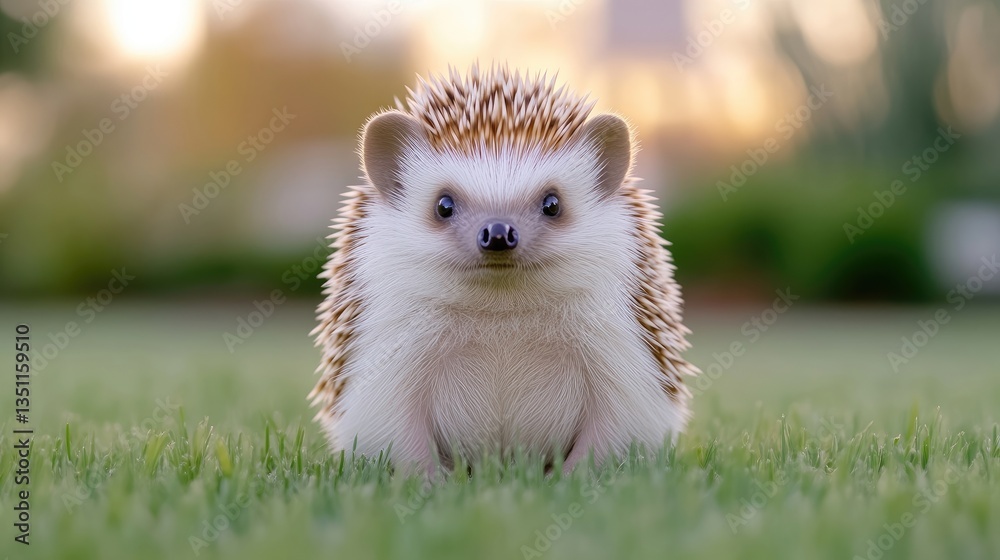 Obraz premium Cute African pygmy hedgehog sitting on a green grass lawn in a garden during a bright day.