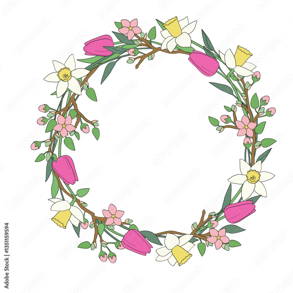 Circle frame Flower wreath of blossoming tree branches, daffodils and tulips. Circle frame Flower wreath of blossoming tree branches, daffodils and tulips.