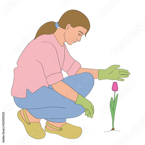 woman in work clothes and gardening gloves squatting to gardening