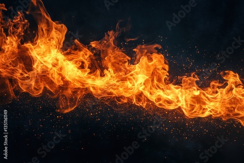 Flames burning with sparks in a dark backdrop, vibrant orange and black. Ideal for backgrounds, graphics related to passion, energy, or danger.