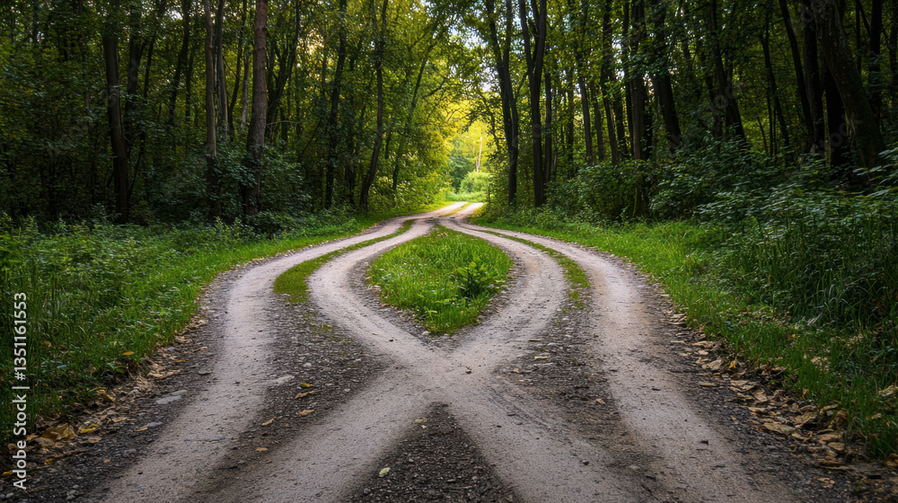 Fototapeta premium Serene Crossroads in Lush Green Forest During Tranquil Daytime