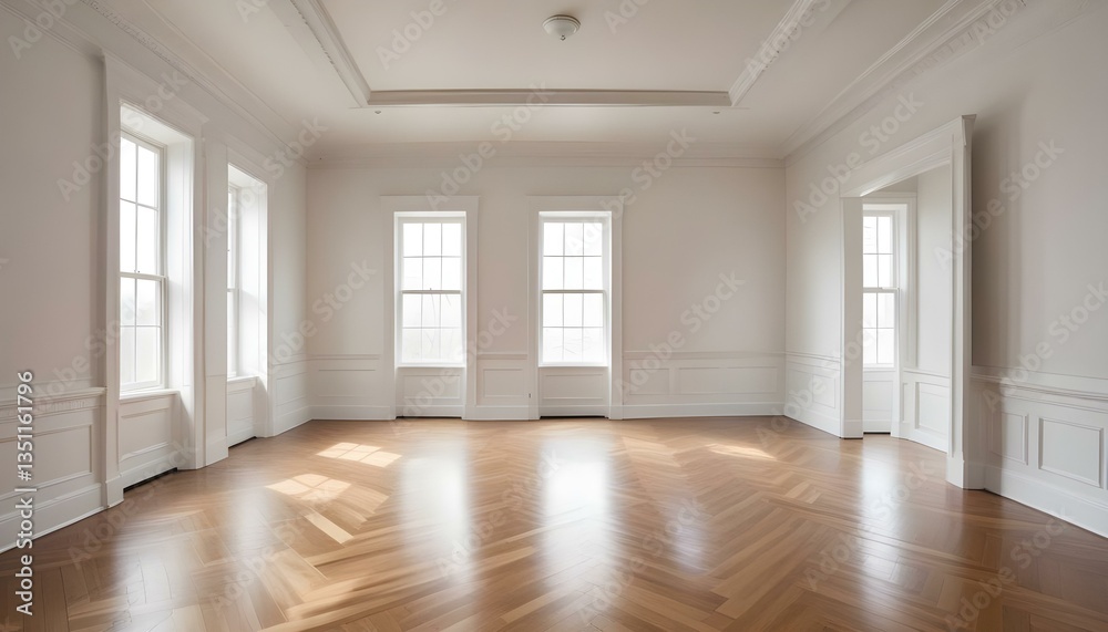 A wide-angle shot of an empty room with white walls and a herringbone wood floor A wide-angle shot of an empty room with white walls and a herringbone wood floor