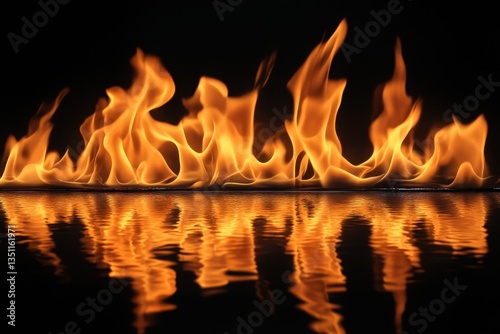 Bright orange flames flicker above dark, reflective surface with abstract patterns. This image evokes passion, energy, or a burning desire in your designs.