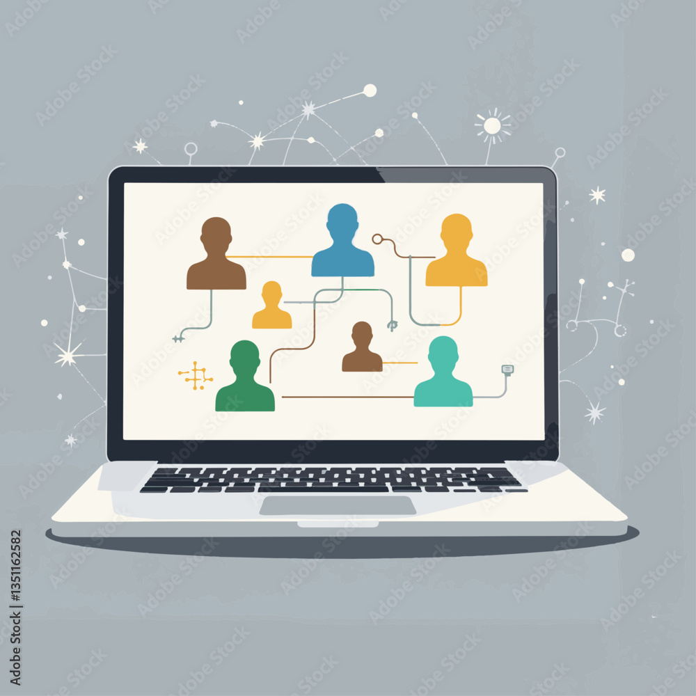 Modern laptop displaying diverse student icons, online connection concept Modern laptop displaying diverse student icons, online connection concept