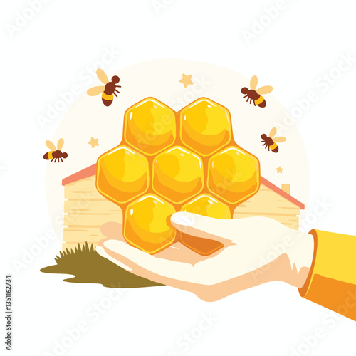 Beekeeper holding golden honeycomb in front of bee hive, nature's bounty