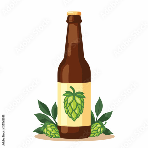 Minimalist beer bottle with hop design on white background, simplicity