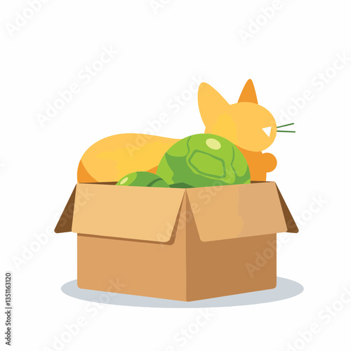 Cute cat resting in eco-friendly box, playful comfort