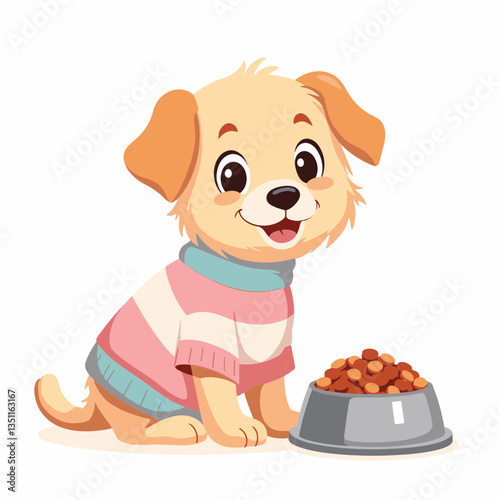 Cute fluffy dog wearing sweater sits by bowl of dog food, pet joy