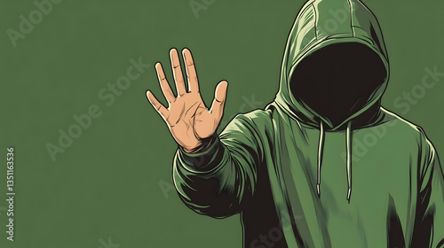 A Shadowed Figure In A Green Hoodie Raises A Hand In A Gesture Of Caution Or Secrecy Against A Muted Green Backdrop photo