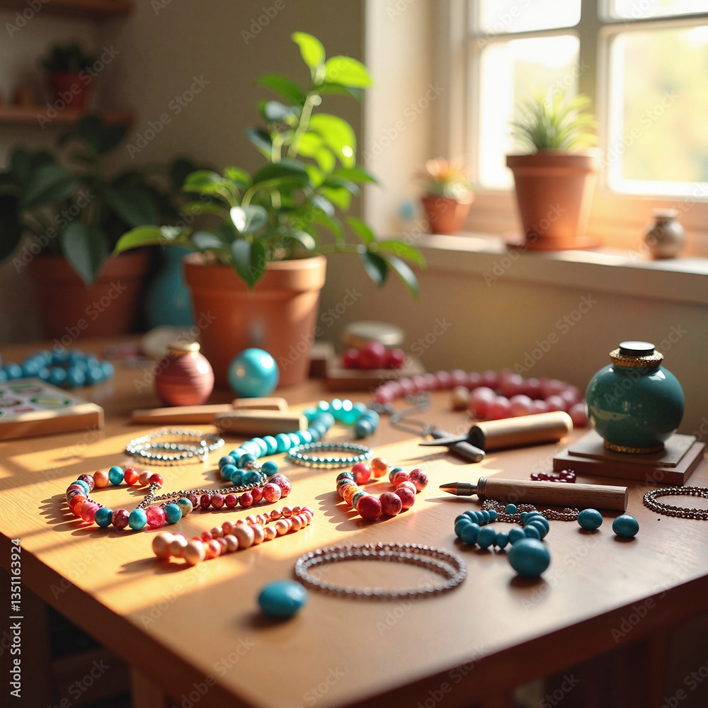 Fototapeta premium Colorful jewelry-making workspace in sunlit room, creativity and craftsmanship