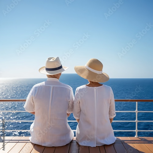 Senior Couple Relaxing on Cruise Ship Deck, Ocean View
