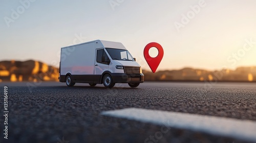 Delivery van on asphalt road, red location pointer on white background. Concept of parcel and navigation. Mockup copy space, 3D rendering