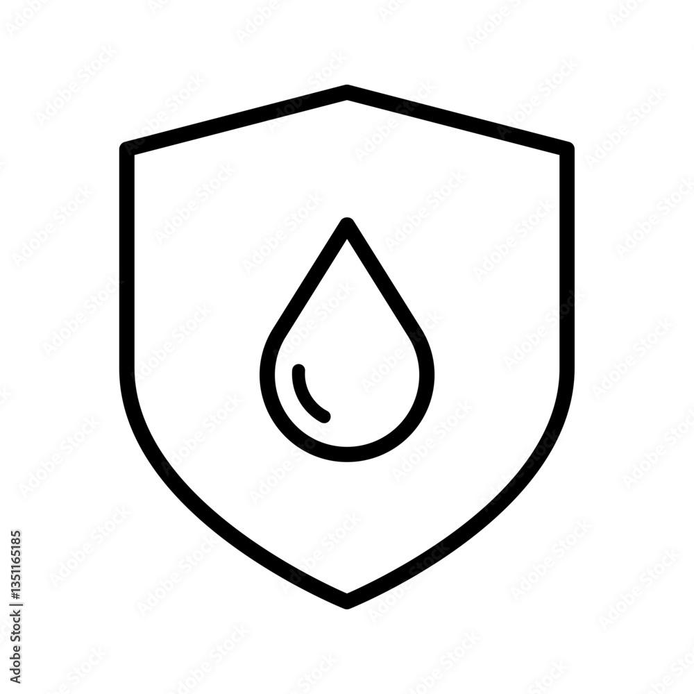 Black single waterproof line icon, simple shield with rain drop proof flat design vector pictogram, infographic interface elements for app logo web button ui ux isolated on white background