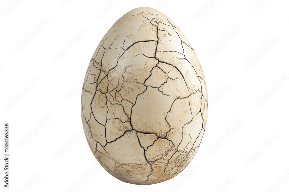 Obraz premium Large cracked dinosaur chicken egg with textured surface and detailed fractures, isolated on white transparent background. Concept of prehistoric life and hatching