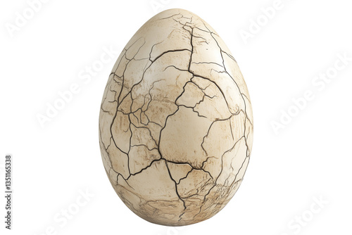 Fototapeta Naklejka Na Ścianę i Meble -  Large cracked dinosaur chicken egg with textured surface and detailed fractures, isolated on white transparent background. Concept of prehistoric life and hatching