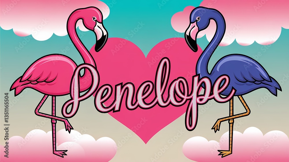 Fototapeta premium Flamingo themed typography featuring the name Penelope with colorful design