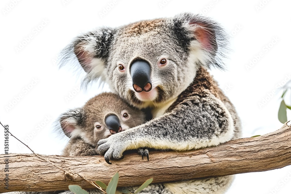 Fototapeta premium Mother koala embracing her baby while sitting on a branch against a white background