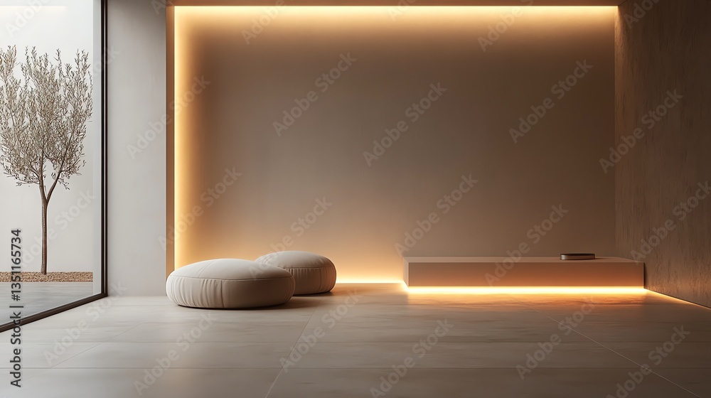 Fototapeta premium Modern Minimalist Interior with Warm Lighting and Olive Tree View