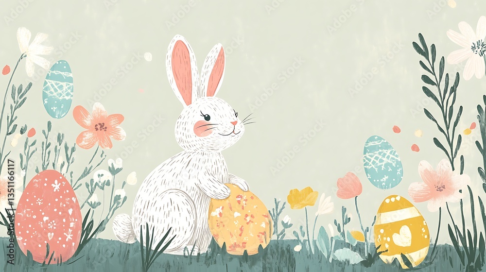 Obraz premium Easter Bunny with Eggs, and Spring Flowers.