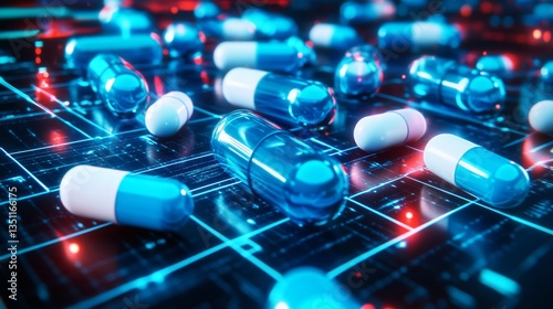 Blue and white pill inside immersive interface over blue red background with atomic grid. Concept of hi tech in medicine. 3d rendering toned image