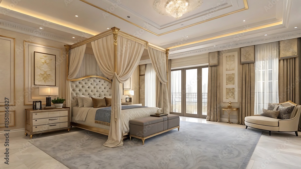 Naklejka premium Elegant Luxury Modern Bedroom Interior Design with Cozy Bed Natural Light and Stylish Decor