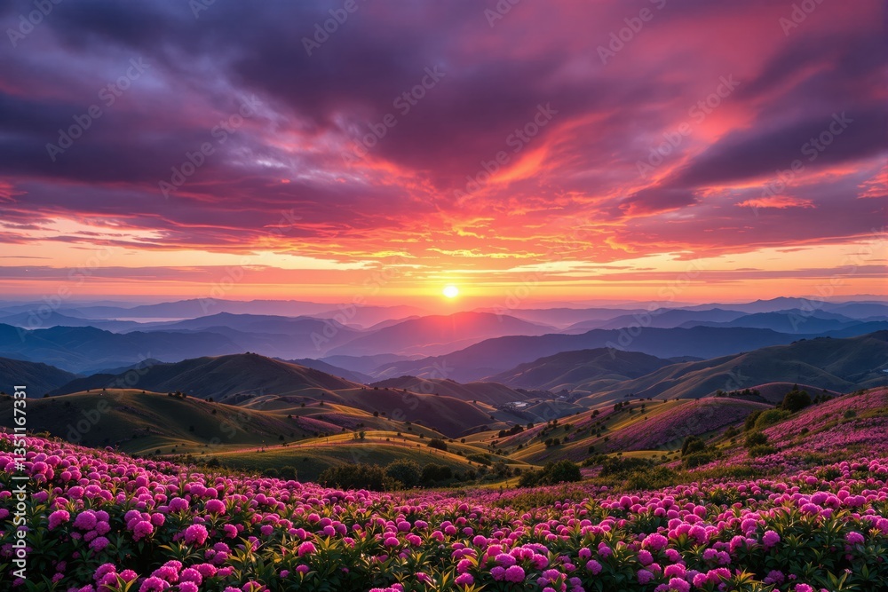 Fototapeta premium Breathtaking sunset over rolling green hills covered in vibrant pink flowers, with a dramatic sky in the background. Nature beauty and peaceful landscape. Ai generative