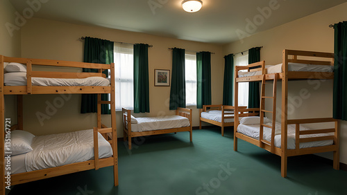 Four wooden bunk beds arranged in a bright, spacious room with green curtains and carpet, designed for shared accommodation.

