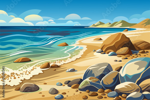 sandy beach with stones and sea vector background, cartoon illustration