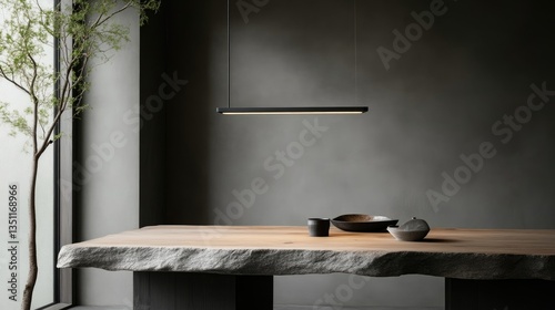 Modern minimalist pendant light over a rustic wooden table.  A simple, sleek design with a dark finish
