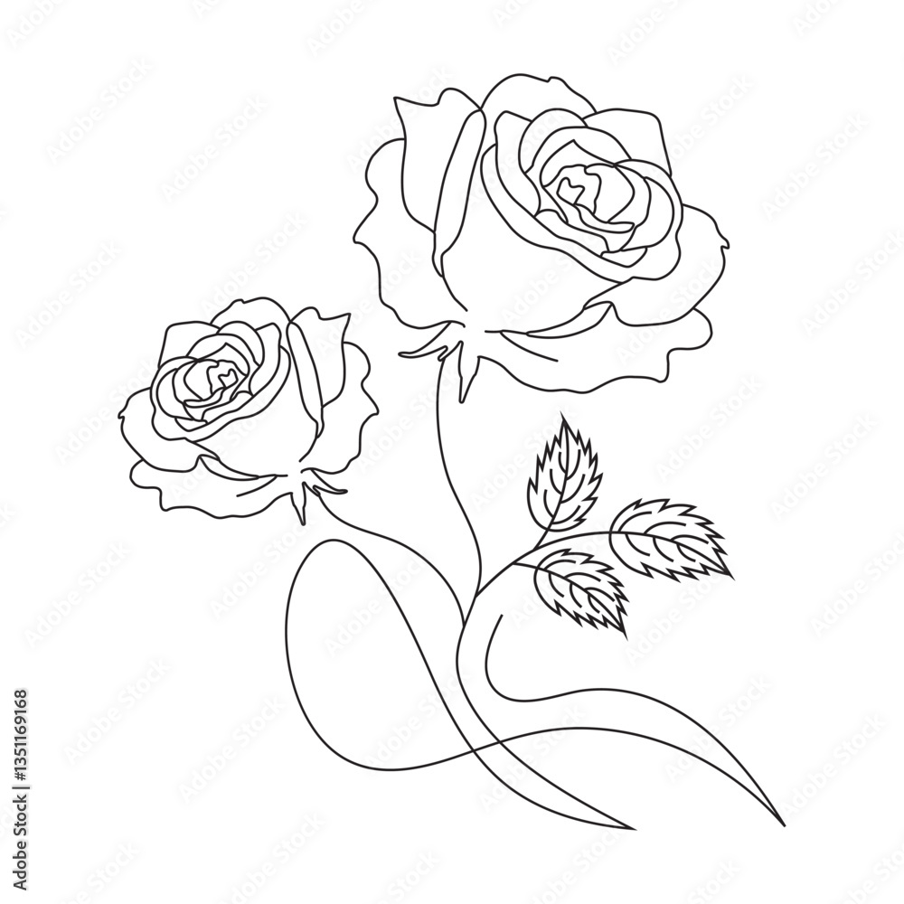 An illustration of a vector Rose flower in continuous line art drawing style. An illustration of a vector Rose flower in continuous line art drawing style.