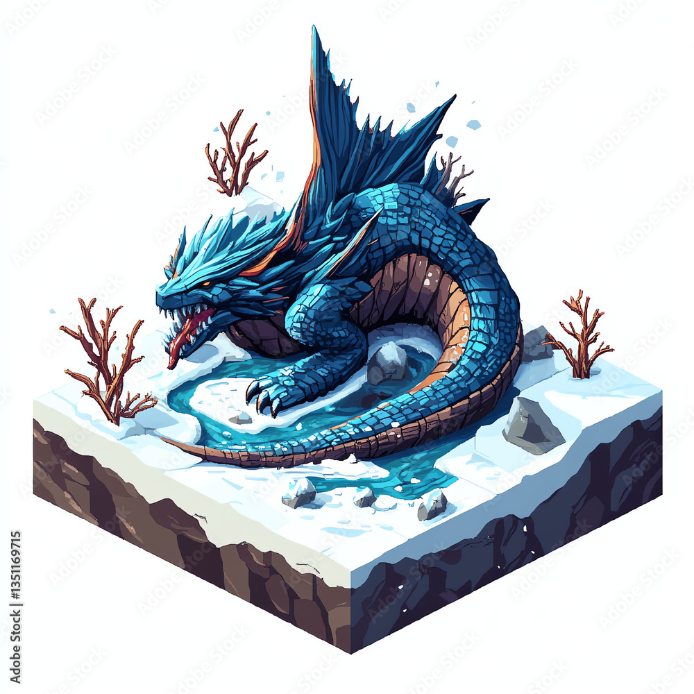 Obraz premium Isometric Dragon Resting near Stream in Winter Landscape Illustration