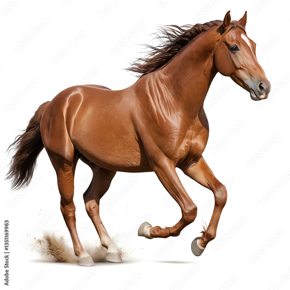 Chestnut Horse Running, Dynamic Pose, Isolated on White