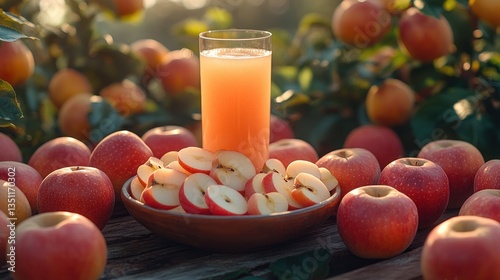 Freshly squeezed apple juice with sliced apples