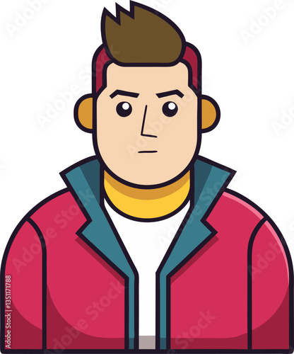 Flat Illustration of Man in Red Jacket, A flat design illustration of a man wearing a red jacket with a yellow shirt, representing boldness and style.

