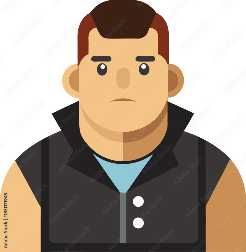 Flat Illustration of Serious Man with Leather Vest, A simple, flat design illustration of a serious man wearing a leather vest, representing strength and confidence.
Flat Illustration of Serious Man with Leather Vest, A simple, flat design illustration of a serious man wearing a leather vest, representing strength and confidence.
