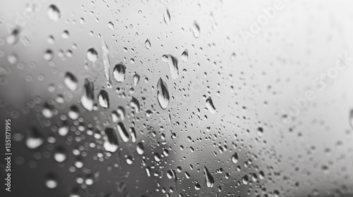 close up of raindrops on a window, shot from inside a room on a cloudy day