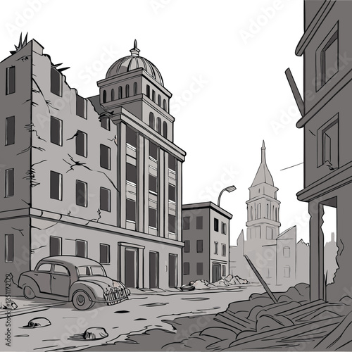 Post-Apocalyptic Ruined Cityscape | Vector Black and White Illustration of Abandoned Buildings, Destroyed Streets, and War-Torn Urban Decay