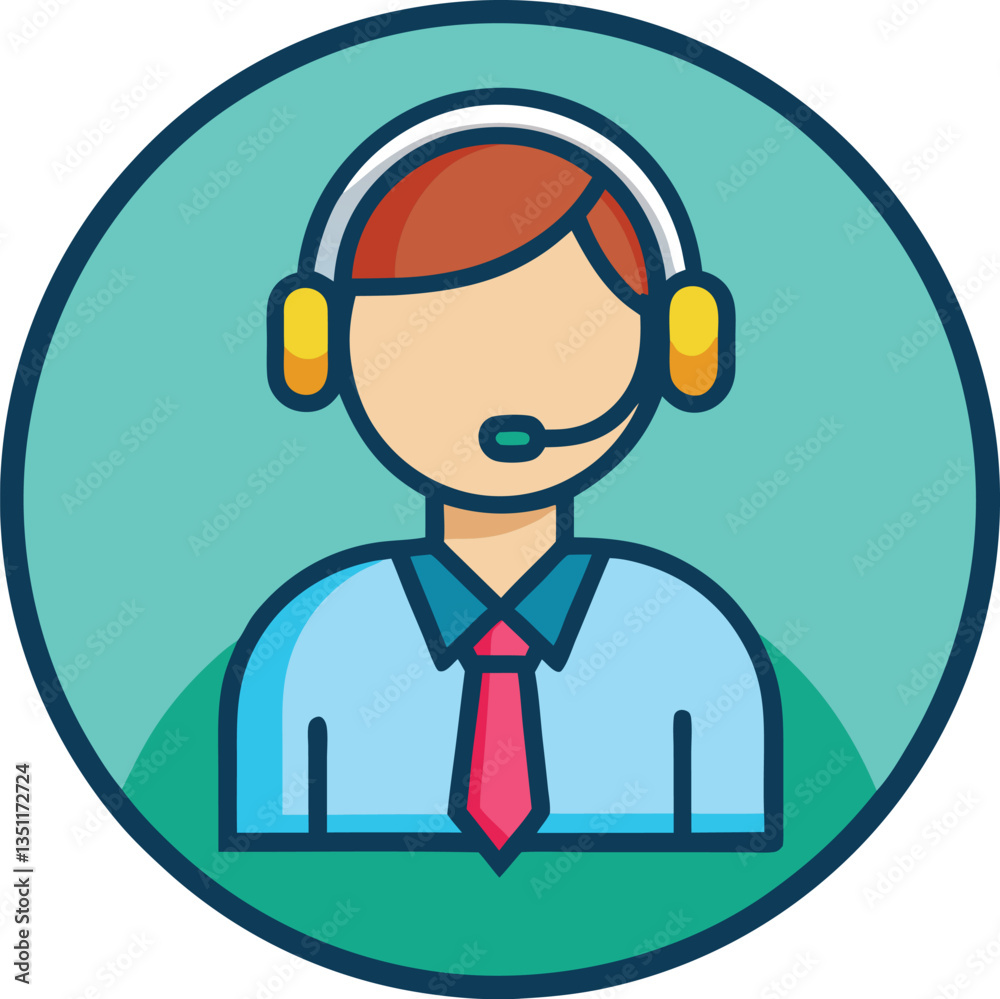 Illustration of Call Center Agent with Headset, A cartoon illustration of a call center agent wearing a headset and tie, symbolizing customer service and communication.
Illustration of Call Center Agent with Headset, A cartoon illustration of a call center agent wearing a headset and tie, symbolizing customer service and communication.