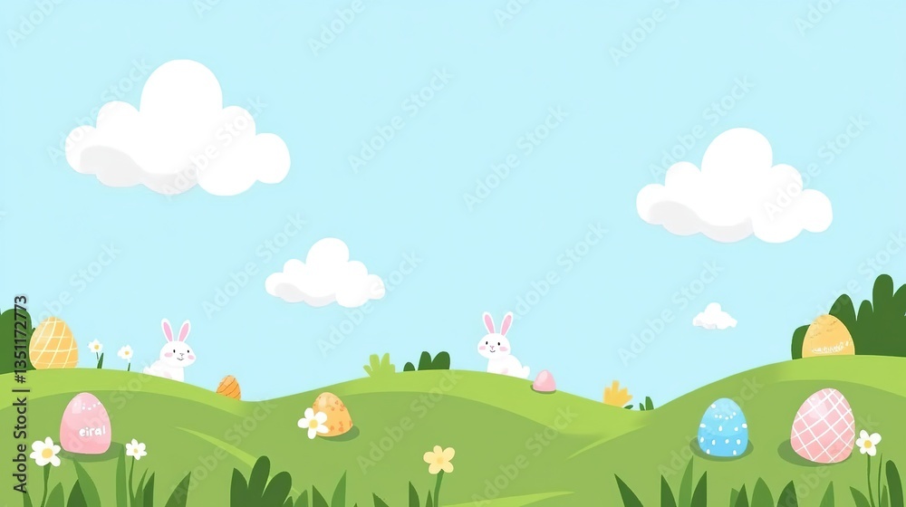 Easter cartoon landscape with blue sky, fluffy clouds, green grass, and hidden eggs in flat vector style. Cheerful bunnies peeking behind hills, pastel-colored flowers, and minimalist shapes create a Easter cartoon landscape with blue sky, fluffy clouds, green grass, and hidden eggs in flat vector style. Cheerful bunnies peeking behind hills, pastel-colored flowers, and minimalist shapes create a