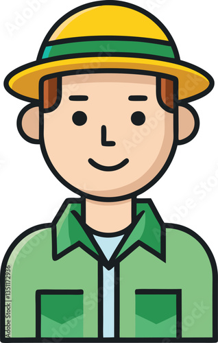 Illustration of Park Ranger with Yellow Hat and Green Shirt, A cheerful illustration of a park ranger wearing a yellow hat and green shirt, representing environmental conservation and outdoor work.
