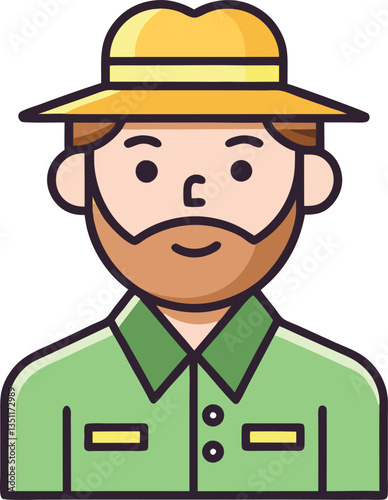 Illustration of Bearded Park Ranger with Yellow Hat, A friendly illustration of a bearded park ranger wearing a yellow hat and green shirt, representing environmental conservation and outdoor activiti
