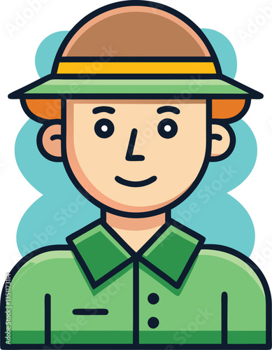 Illustration of Park Ranger with Brown Hat and Green Shirt, A friendly illustration of a park ranger wearing a brown hat and green shirt, symbolizing nature conservation and outdoor activities.
