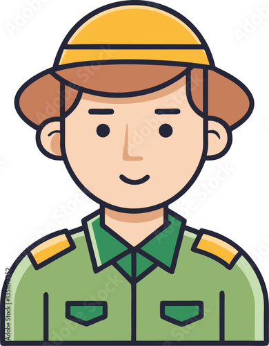 Illustration of Park Ranger with Yellow Hat and Green Shirt, A friendly illustration of a park ranger wearing a yellow hat and green shirt, symbolizing outdoor work and nature conservation.
