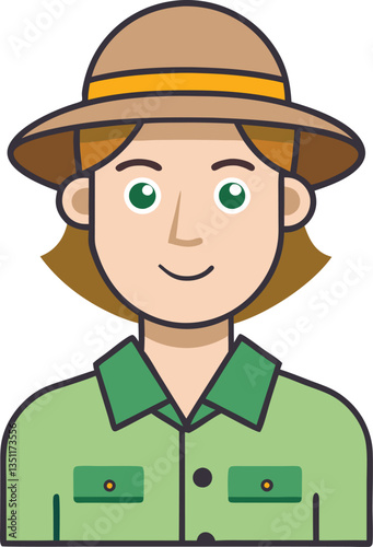 Illustration of Park Ranger with Brown Hat and Green Shirt, A cheerful illustration of a park ranger wearing a brown hat and green shirt, symbolizing environmental protection and outdoor adventures.
