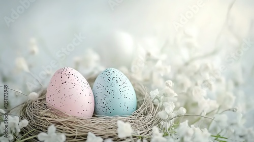 Pastel Easter nest with pink and blue speckled eggs on soft floral background. Delicate speckle patterns, blurred white flowers, and spring-themed composition for serene wallpaper designs, festive gre