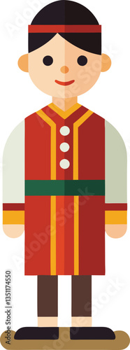 Cartoon Character in Colorful Traditional Outfit, A cartoon character dressed in a colorful traditional outfit, representing cultural heritage and vibrant attire in a playful style.
