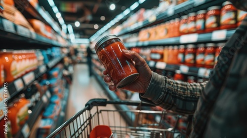 Person Choosing a Jar of Red Sauce at the Grocery Store