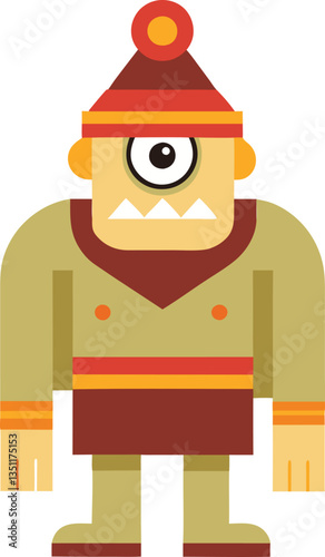 Cartoon One-Eyed Monster with Tribal Helmet, A playful cartoon illustration of a one-eyed monster wearing a tribal helmet and armor, symbolizing a mythical creature from a fantasy world.

